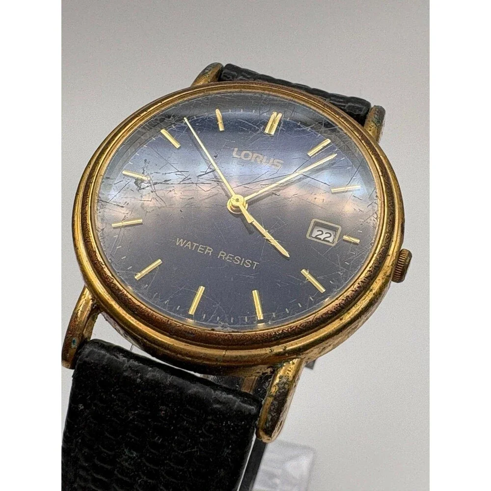 Lorus Men's Watch Blue Dial Date Gold-Tone Case Black Leather Strap VX32-X193